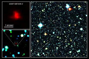 Right panel: The red galaxy at the center of the image is the very distant galaxy, SXDF-NB1006-2. Left panels: Close-ups of the distant galaxy.